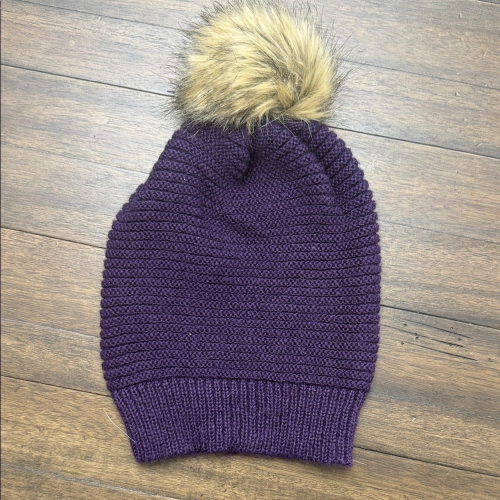 Purple Knit Beanie with Faux Fur Pom